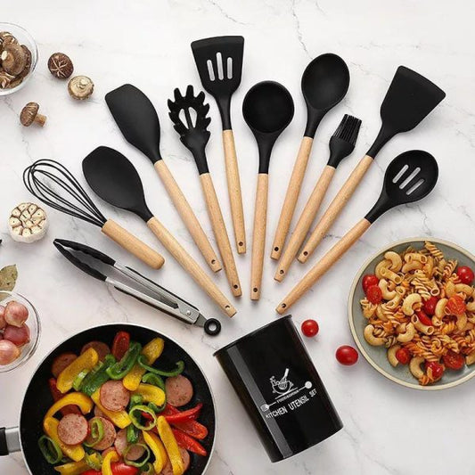 12 Pcs Silicone Cooking Utensils Kitchen Utensil Set | Heat Resistant Kitchen Non Toxic Spatula Set With Turner Tongs,spoon,brush,whisk-wooden Handle – Random Color