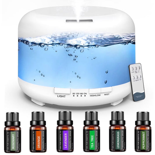 500Ml Essential Oil Diffuser with 6*10Ml Essential Oils Set, Flower Aromatherapy Diffusers with Remote Control, Oil Air Humidifier Vaporizer for Large Room Bedroom Office