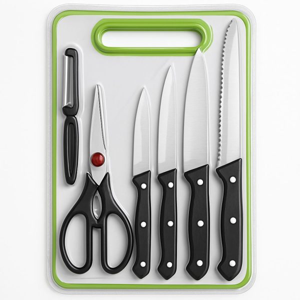 6 In 1 Stainless Steel Knives Set– For Meat, Bread, Fruits, And Vegetables | Kitchen Knife Set With Scissors, Peeler & Cutting Board – All-in-one Cooking Essentials With Ergonomic Handles & Sharp Stainless Steel Blades