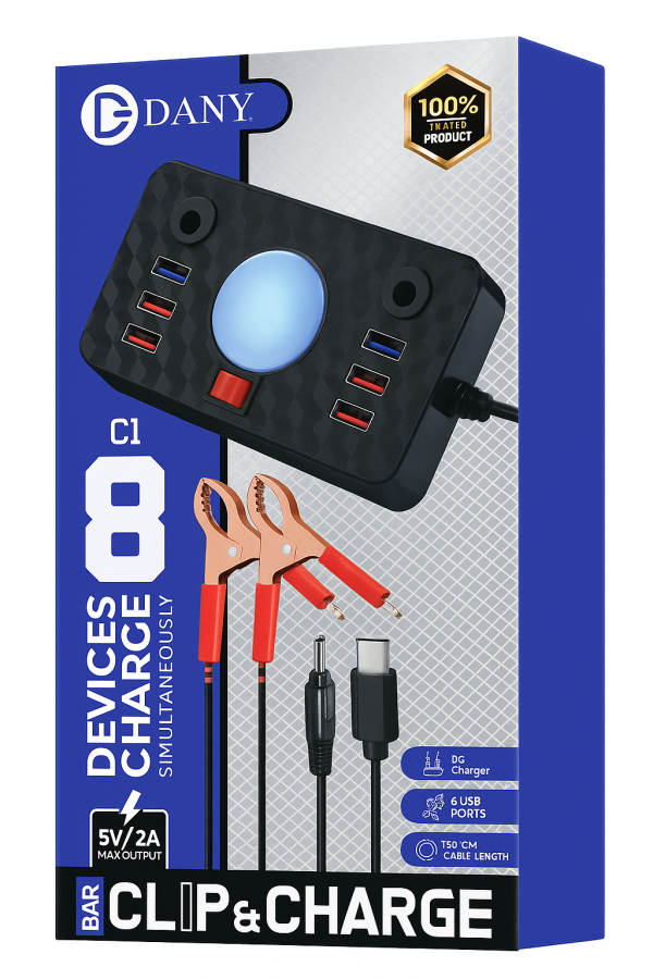Dany C-1 Clipper Charger | 6 Usb Ports | Led Light | Dc Solar Mobile Charger | Usb Battery Clamp | Power Cable | Short Circuit & Overload Protection – Dc Mobile Charger – Original