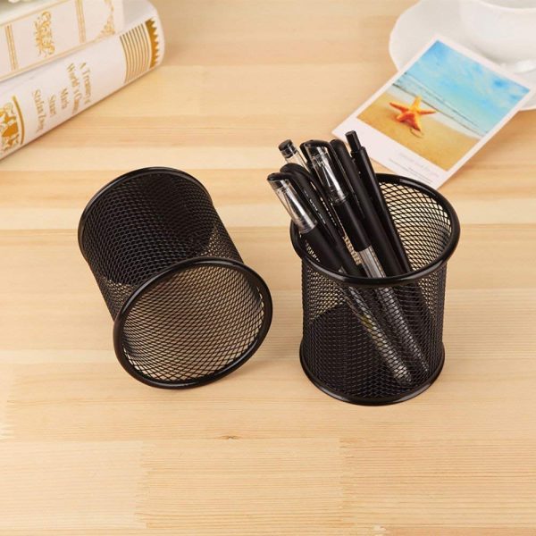 Metal Mesh Pen Stand & Stationery Holder – Round Black Desk Organizer For Pens, Pencils, Markers, And Office Supplies